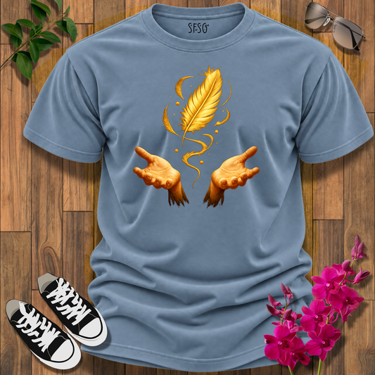 "Letting Go" T-Shirt — Golden Feather with Hands Spiritual Tee