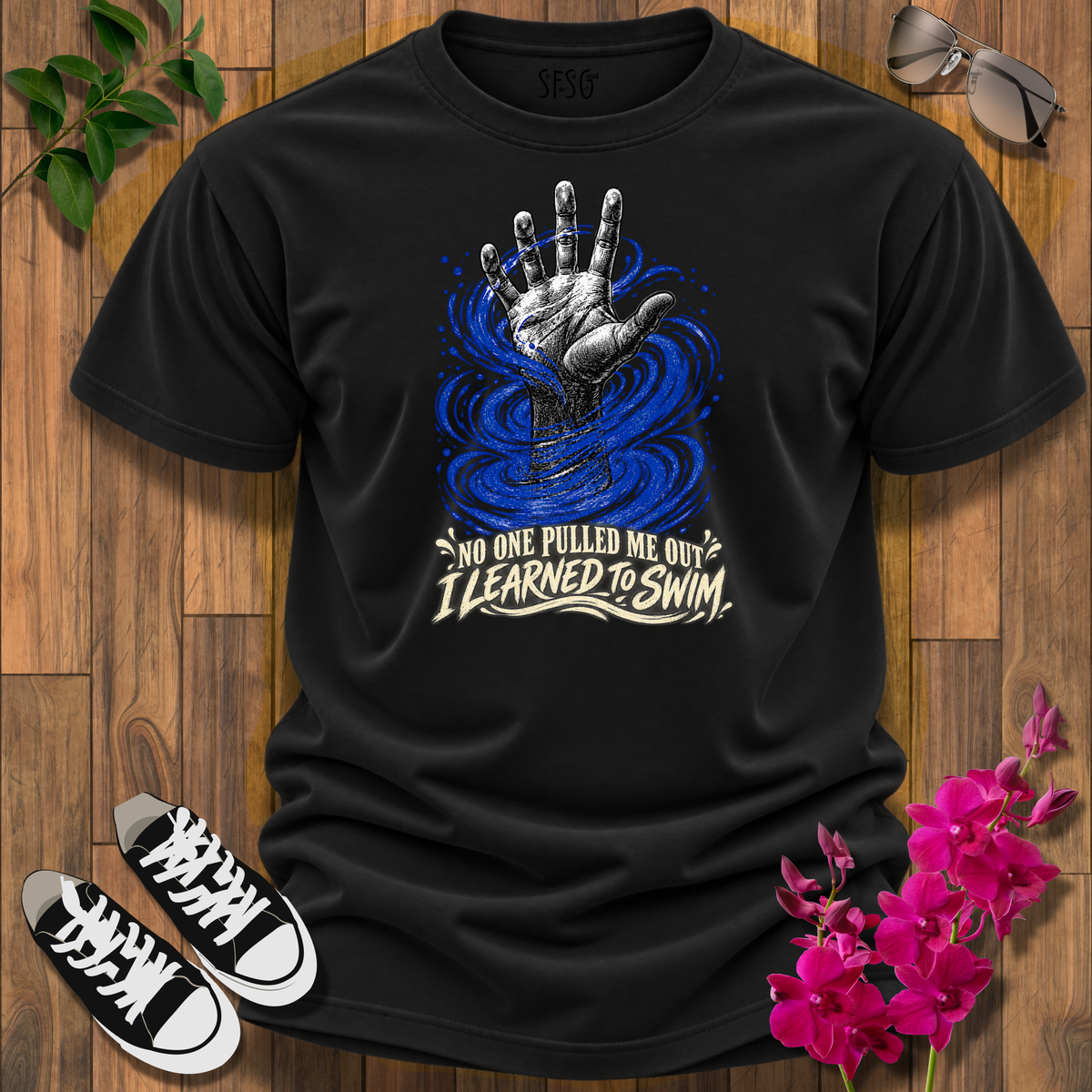'No One Pulled Me Out' T-Shirt — 'I Learned To Swim' Hand & Waves Graphic Tee