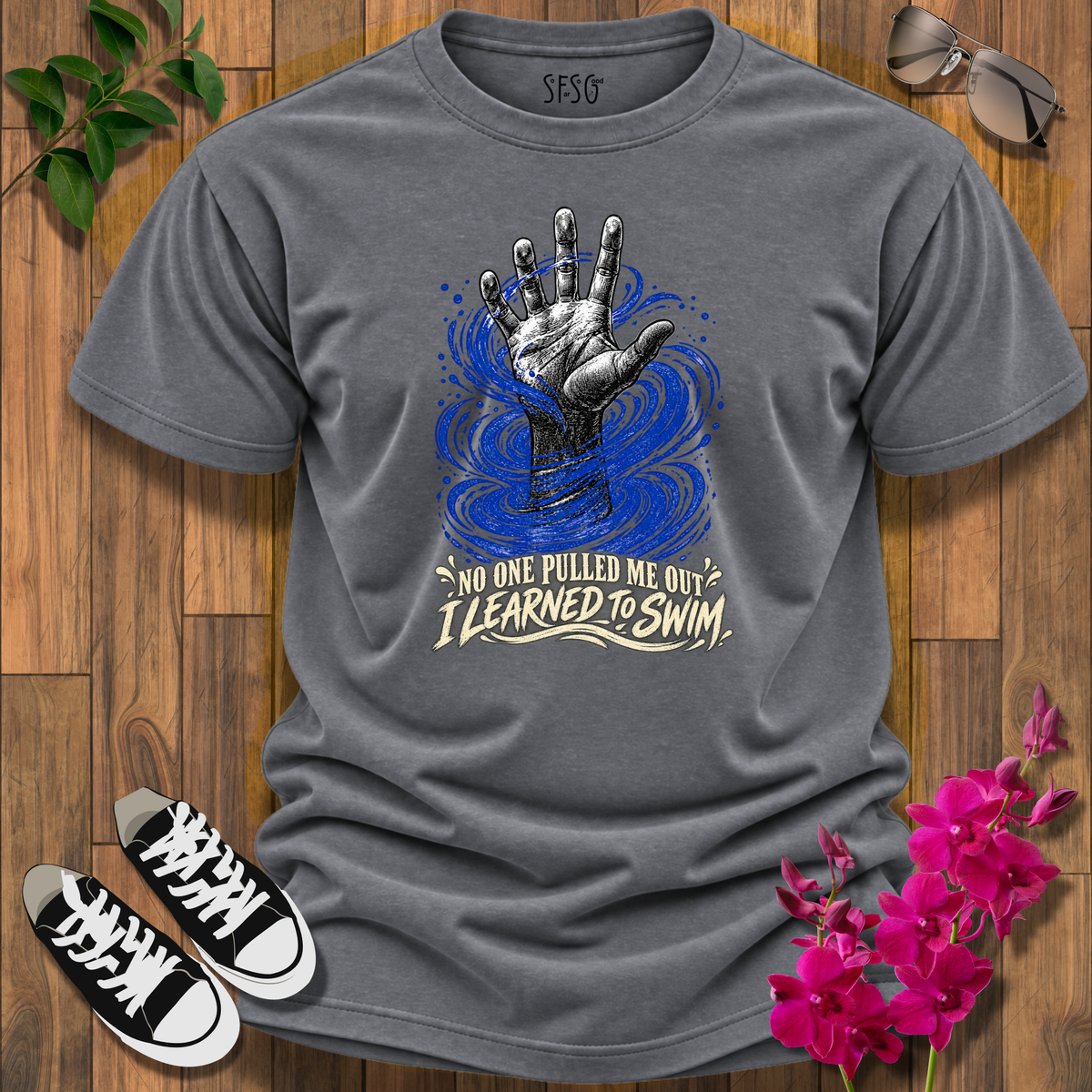 'No One Pulled Me Out' T-Shirt — 'I Learned To Swim' Hand & Waves Graphic Tee