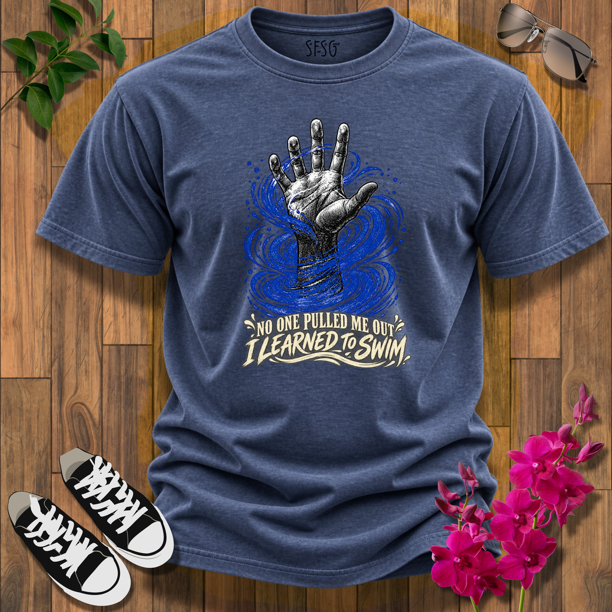 'No One Pulled Me Out' T-Shirt — 'I Learned To Swim' Hand & Waves Graphic Tee