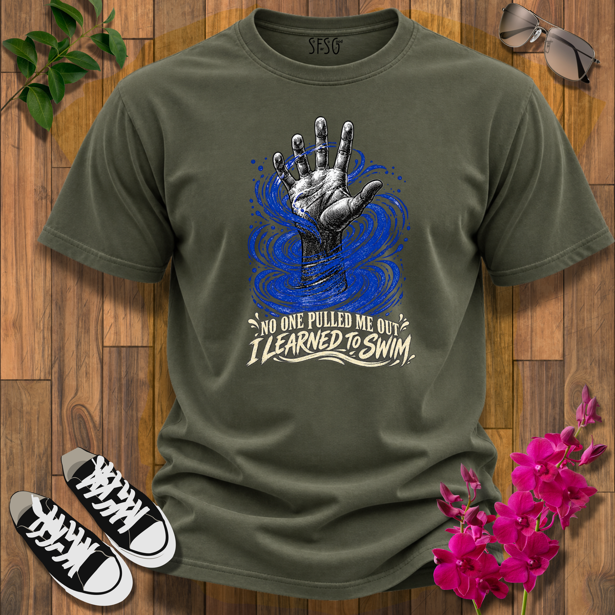 'No One Pulled Me Out' T-Shirt — 'I Learned To Swim' Hand & Waves Graphic Tee