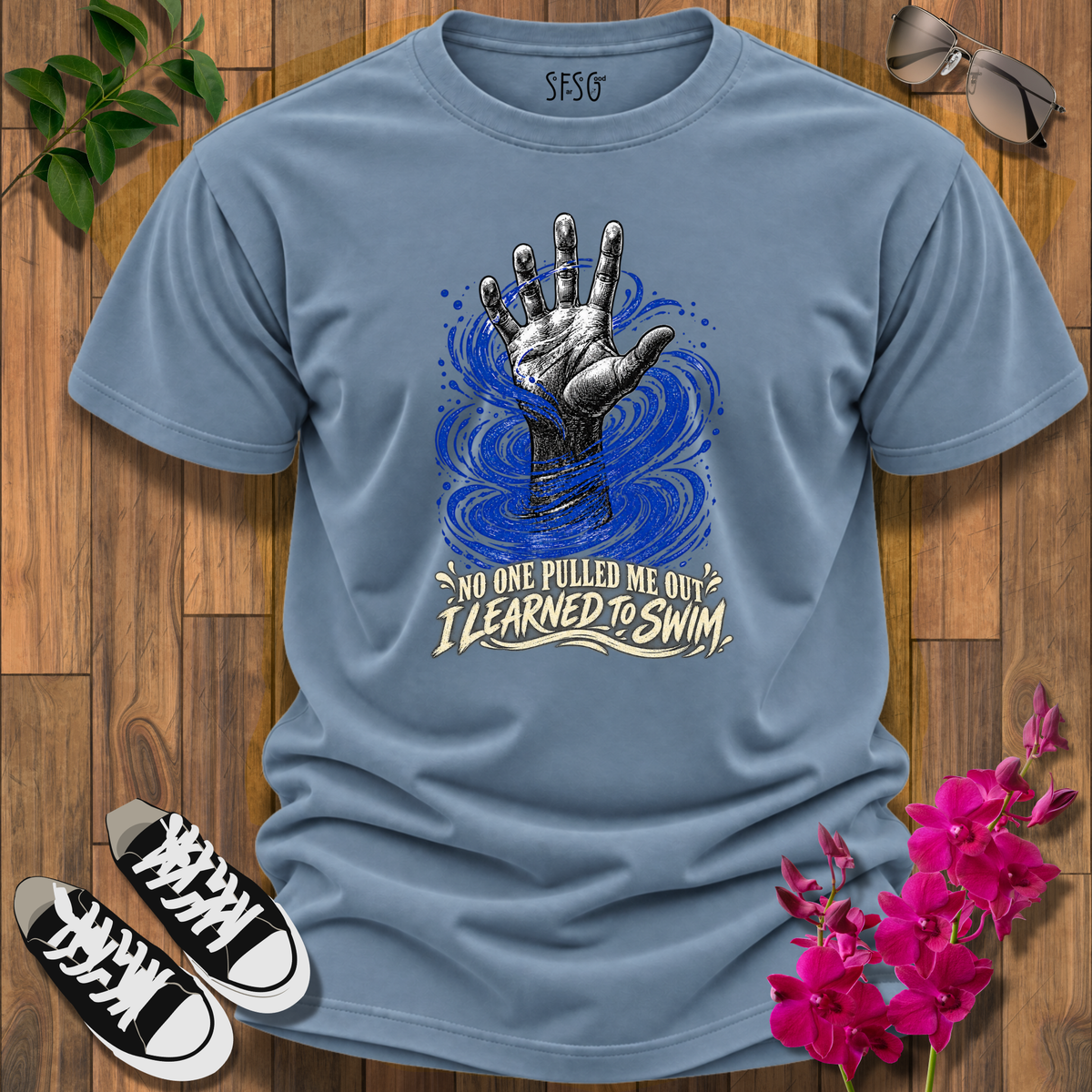 'No One Pulled Me Out' T-Shirt — 'I Learned To Swim' Hand & Waves Graphic Tee