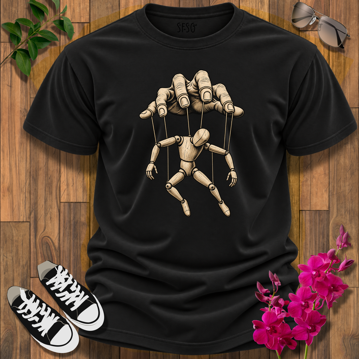 "No strings Attached" T-Shirt — "Who Pulls Your Strings?" Puppet Hand Design