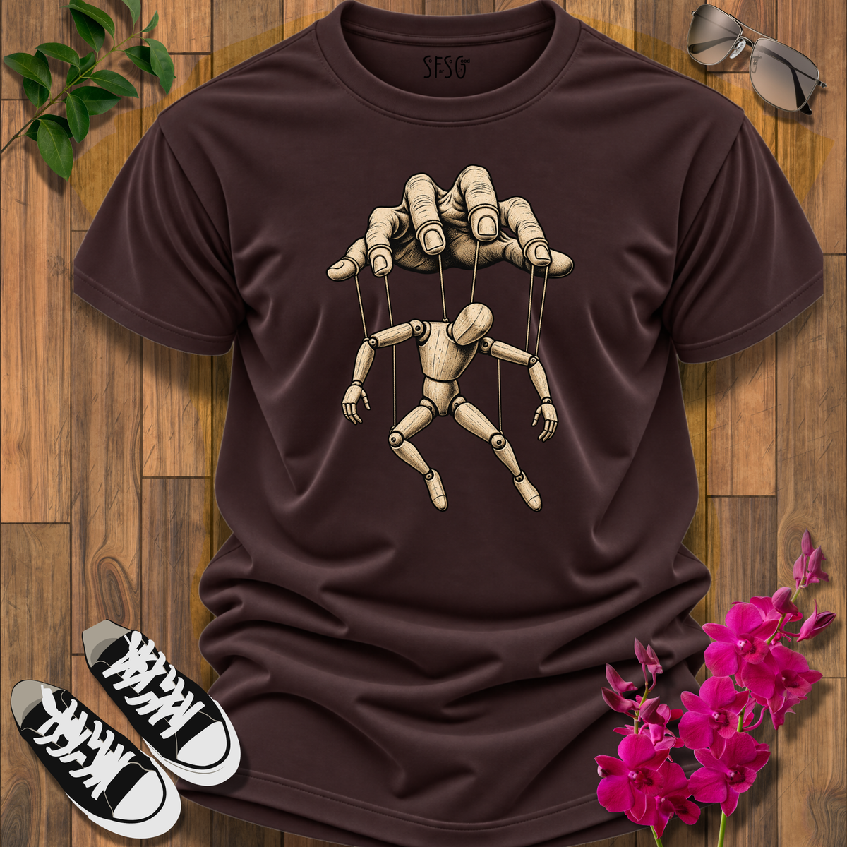 "No strings Attached" T-Shirt — "Who Pulls Your Strings?" Puppet Hand Design