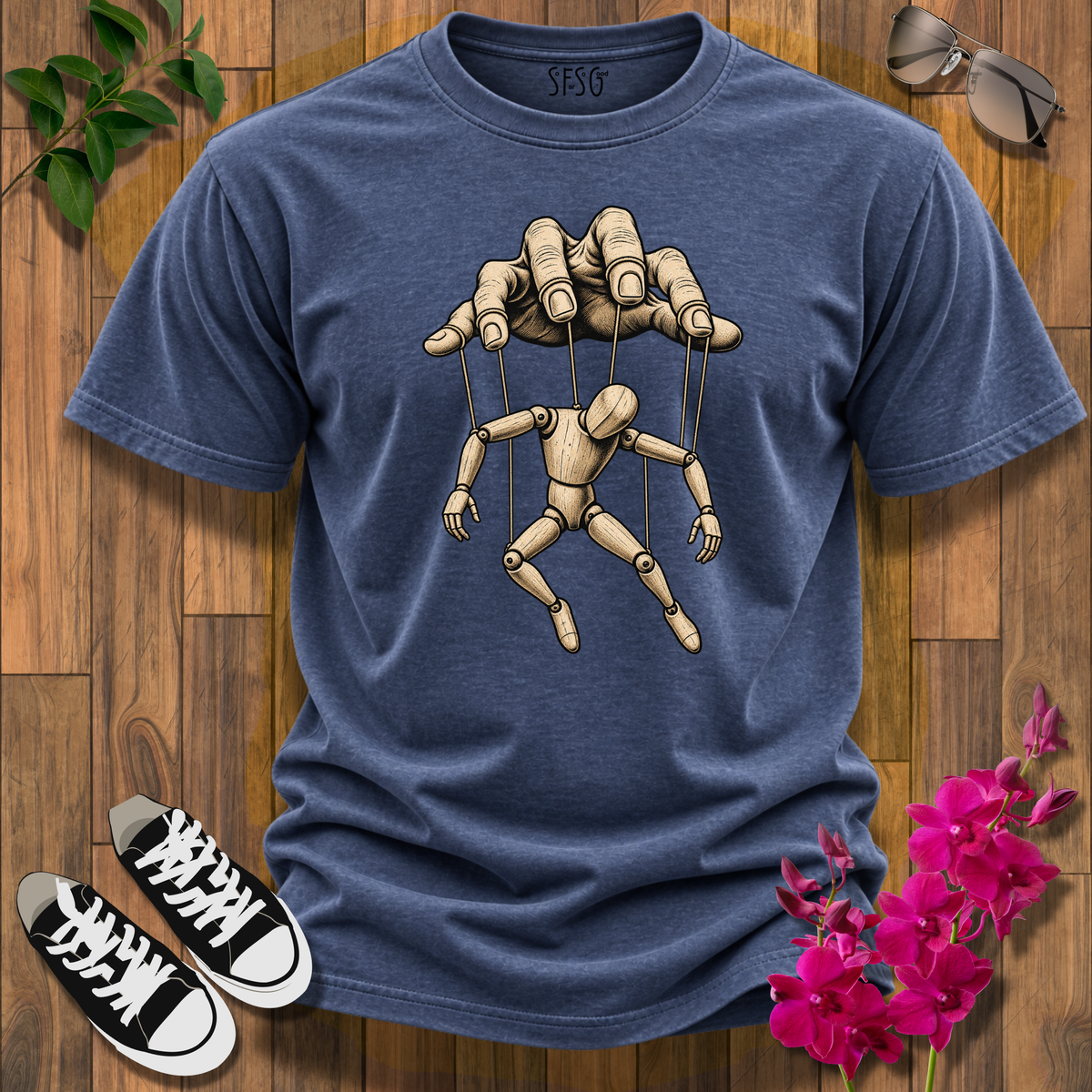 "No strings Attached" T-Shirt — "Who Pulls Your Strings?" Puppet Hand Design