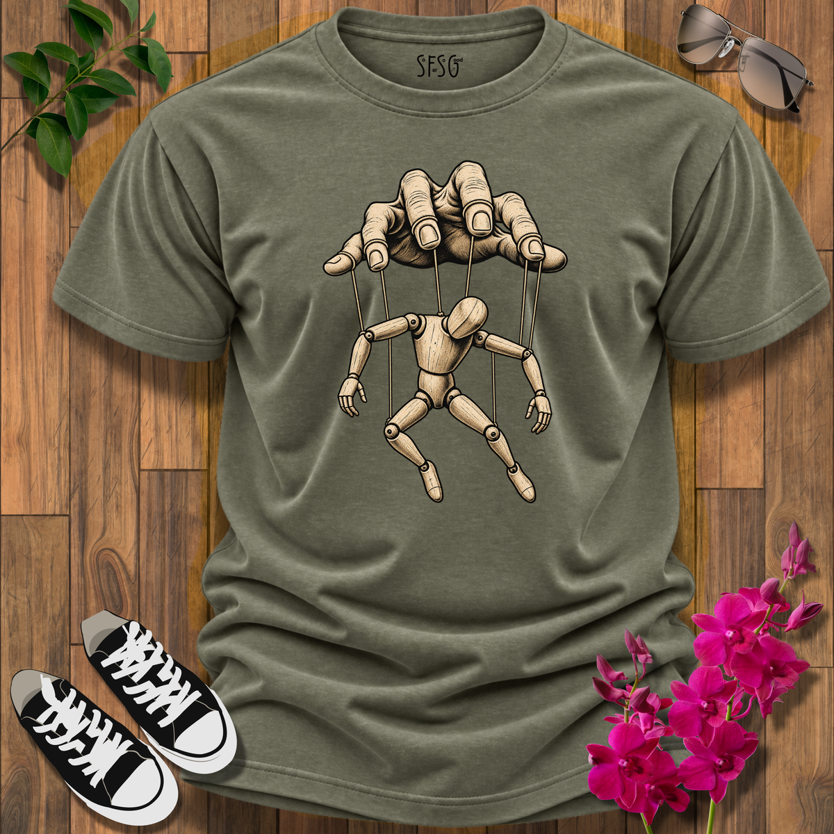 "No strings Attached" T-Shirt — "Who Pulls Your Strings?" Puppet Hand Design
