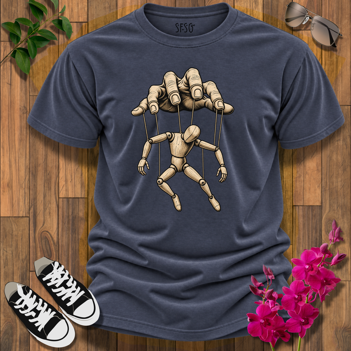 "No strings Attached" T-Shirt — "Who Pulls Your Strings?" Puppet Hand Design