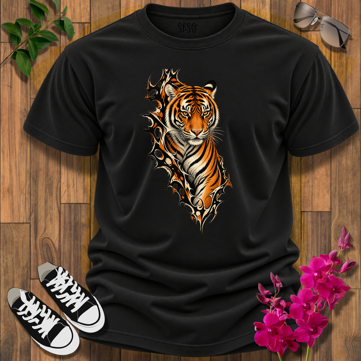 "Fierce" T-Shirt Tiger Ripping Through Tee — Fierce Orange Tiger Graphic