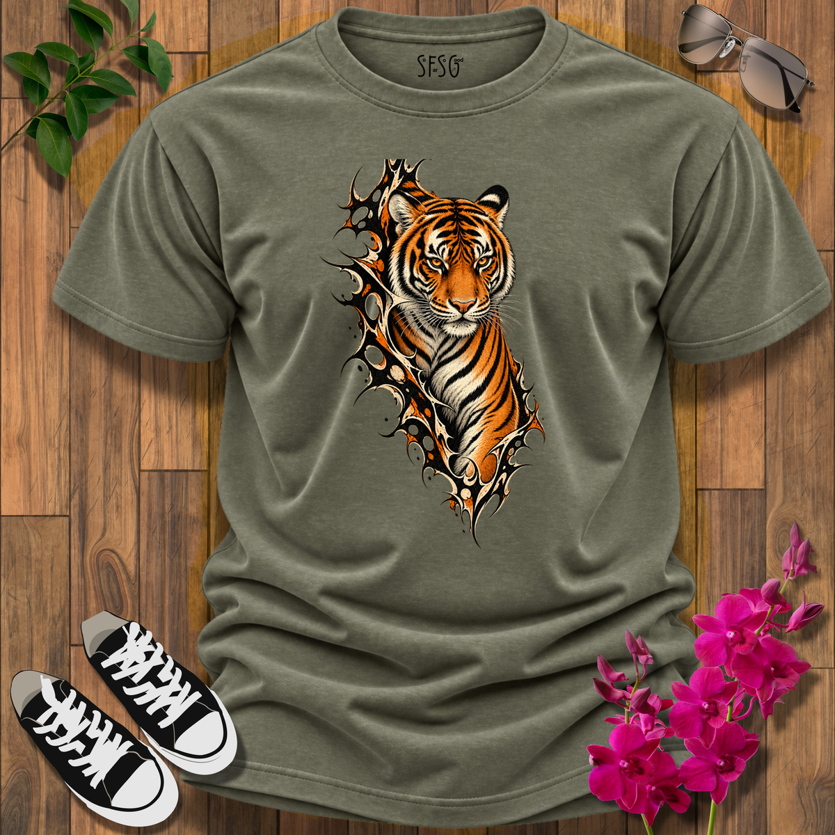 "Fierce" T-Shirt Tiger Ripping Through Tee — Fierce Orange Tiger Graphic