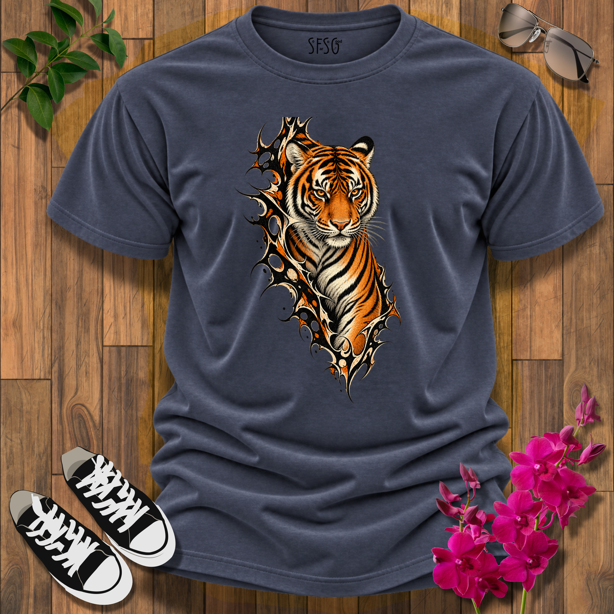 "Fierce" T-Shirt Tiger Ripping Through Tee — Fierce Orange Tiger Graphic