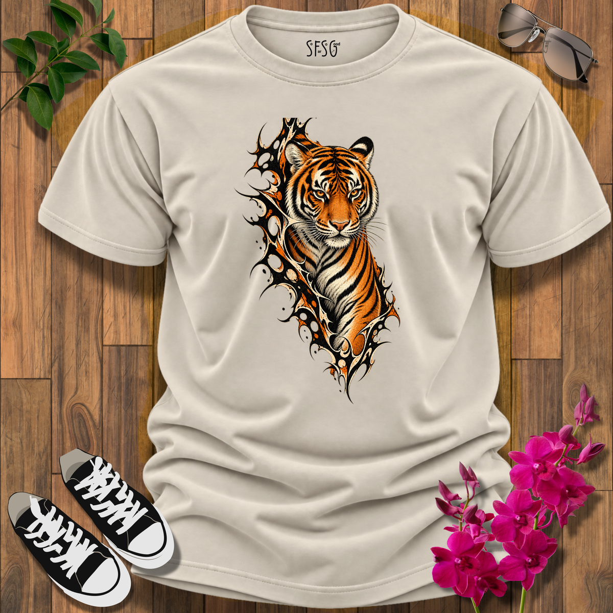 "Fierce" T-Shirt Tiger Ripping Through Tee — Fierce Orange Tiger Graphic