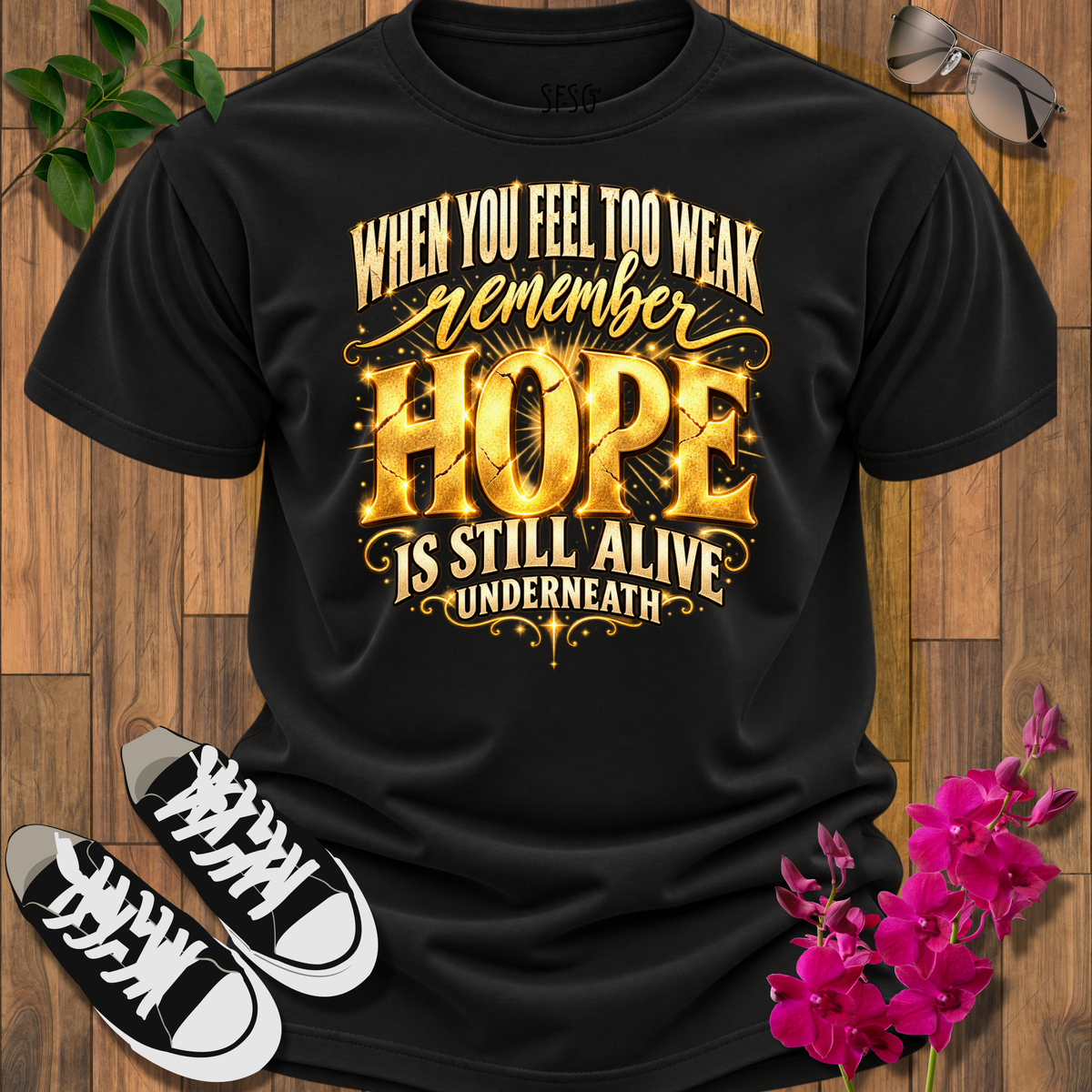 "Hope" T-Shirt — Inspirational "When You Feel Too Weak Remember Hope Is Still Alive Underneath"