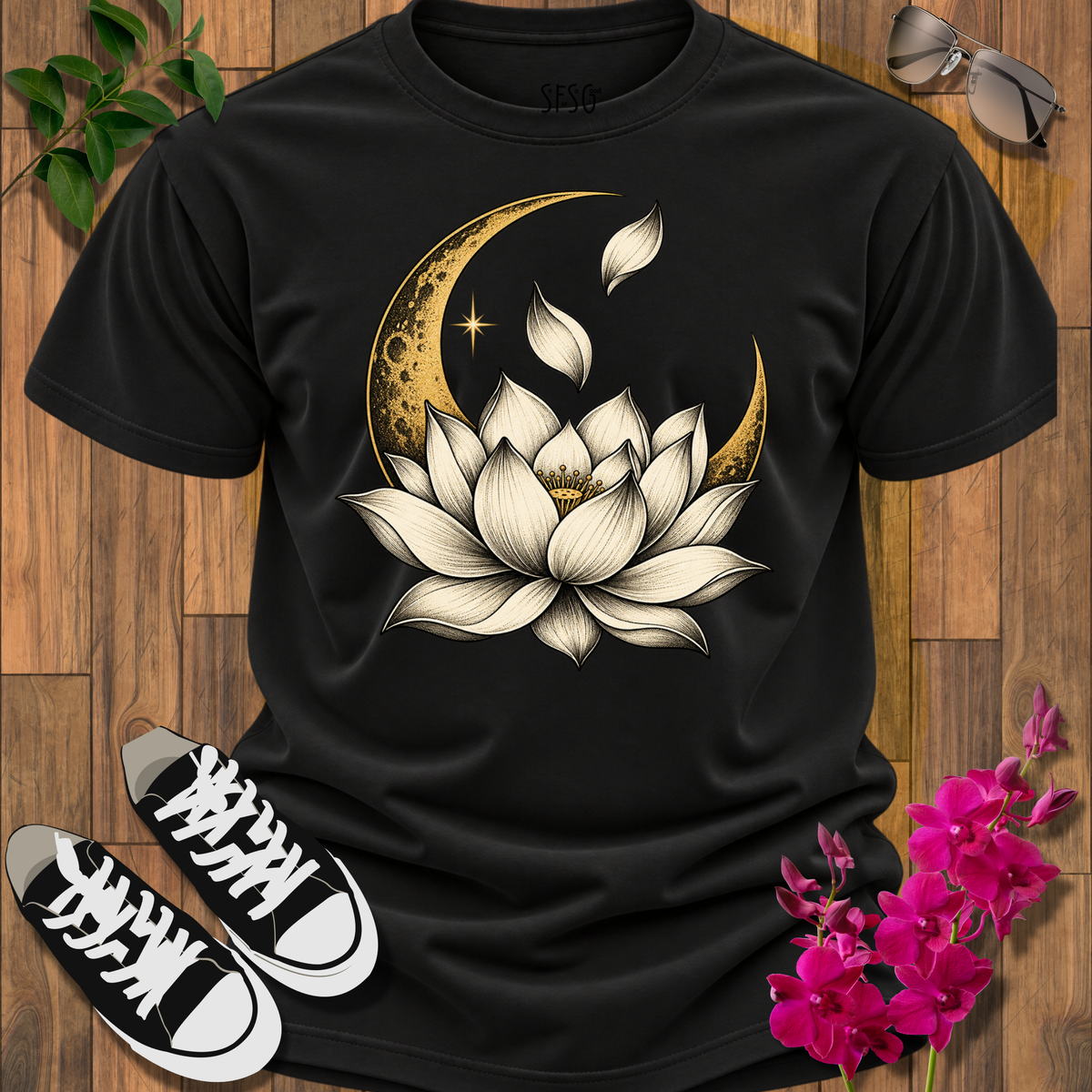 'MoonLit Bloom' T-Shirt — Serene Floral Crescent Tee for Yoga & Meditation
