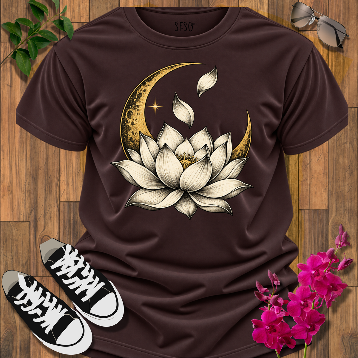 'MoonLit Bloom' T-Shirt — Serene Floral Crescent Tee for Yoga & Meditation