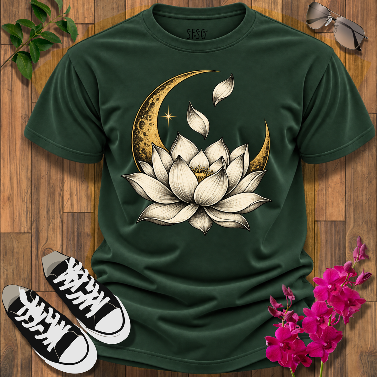'MoonLit Bloom' T-Shirt — Serene Floral Crescent Tee for Yoga & Meditation