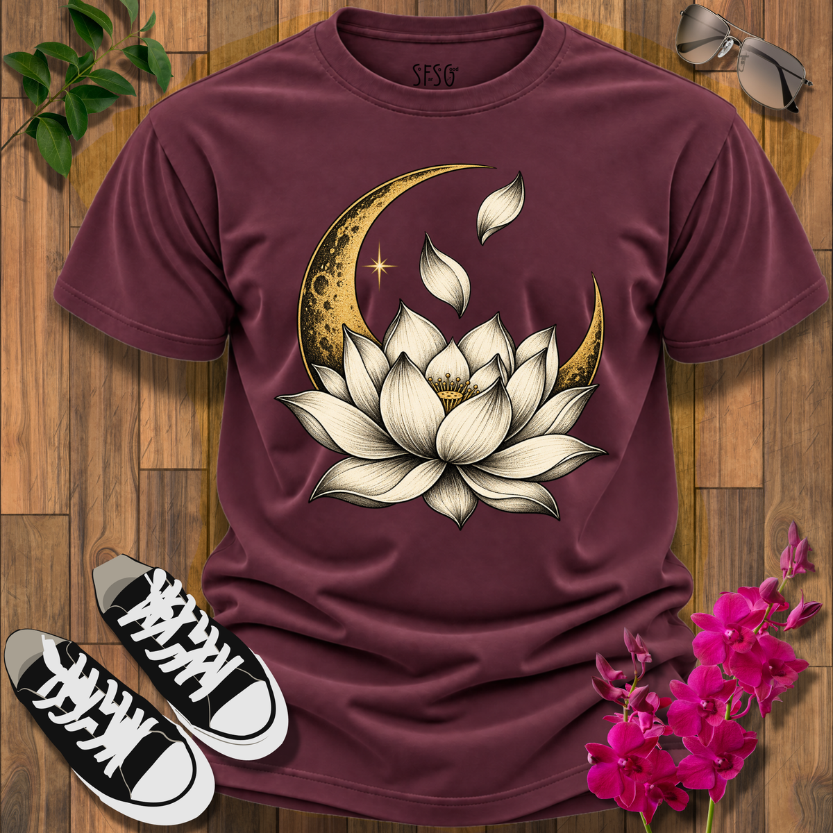 'MoonLit Bloom' T-Shirt — Serene Floral Crescent Tee for Yoga & Meditation