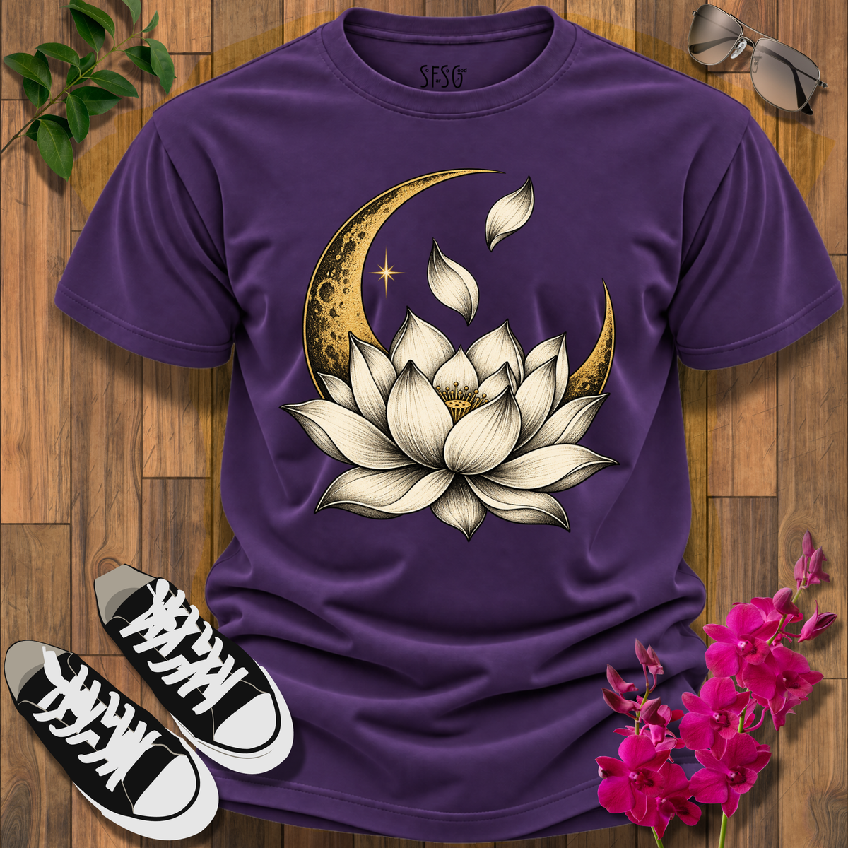 'MoonLit Bloom' T-Shirt — Serene Floral Crescent Tee for Yoga & Meditation