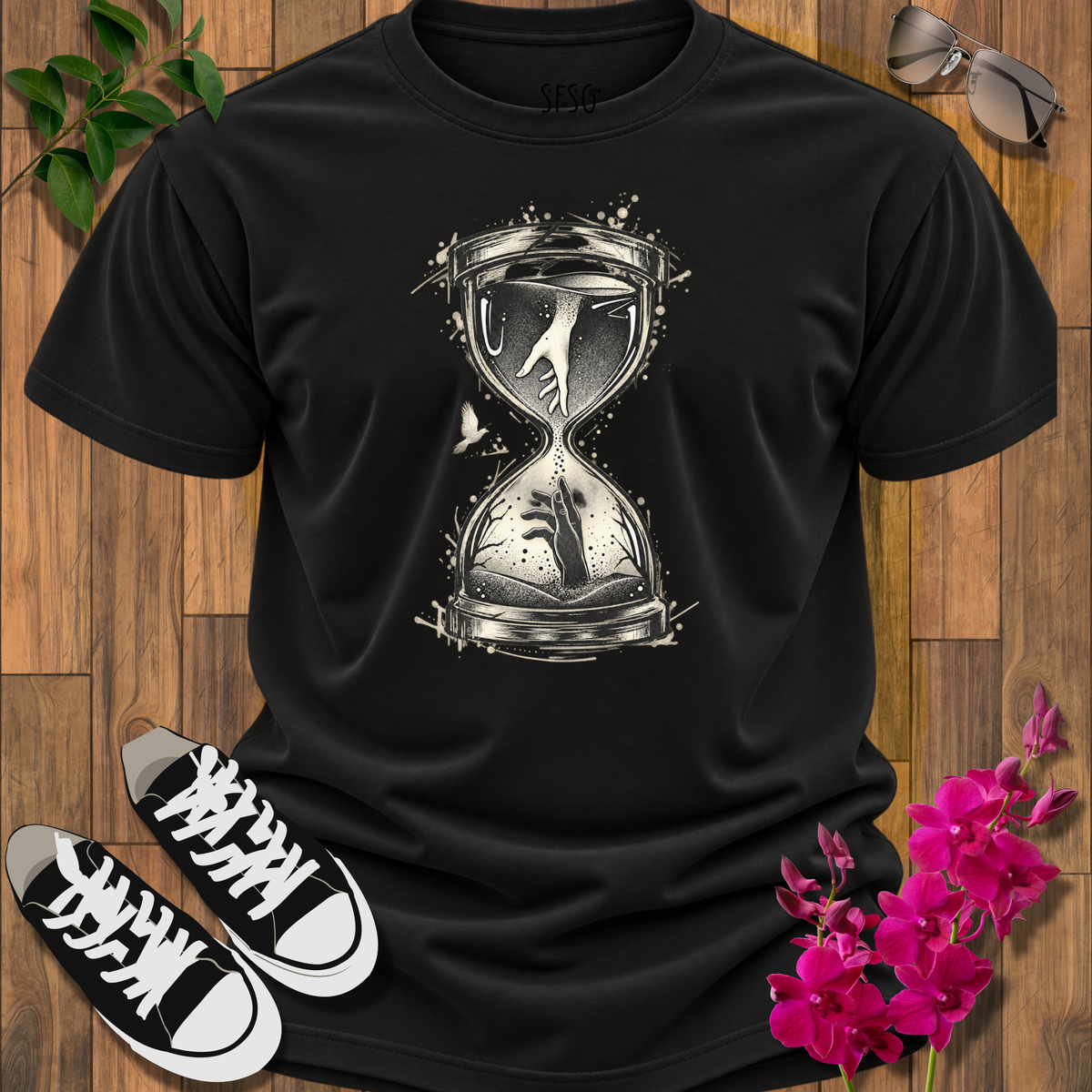'Reaching For Time' T-Shirt — Vintage Gothic Timepiece Tee