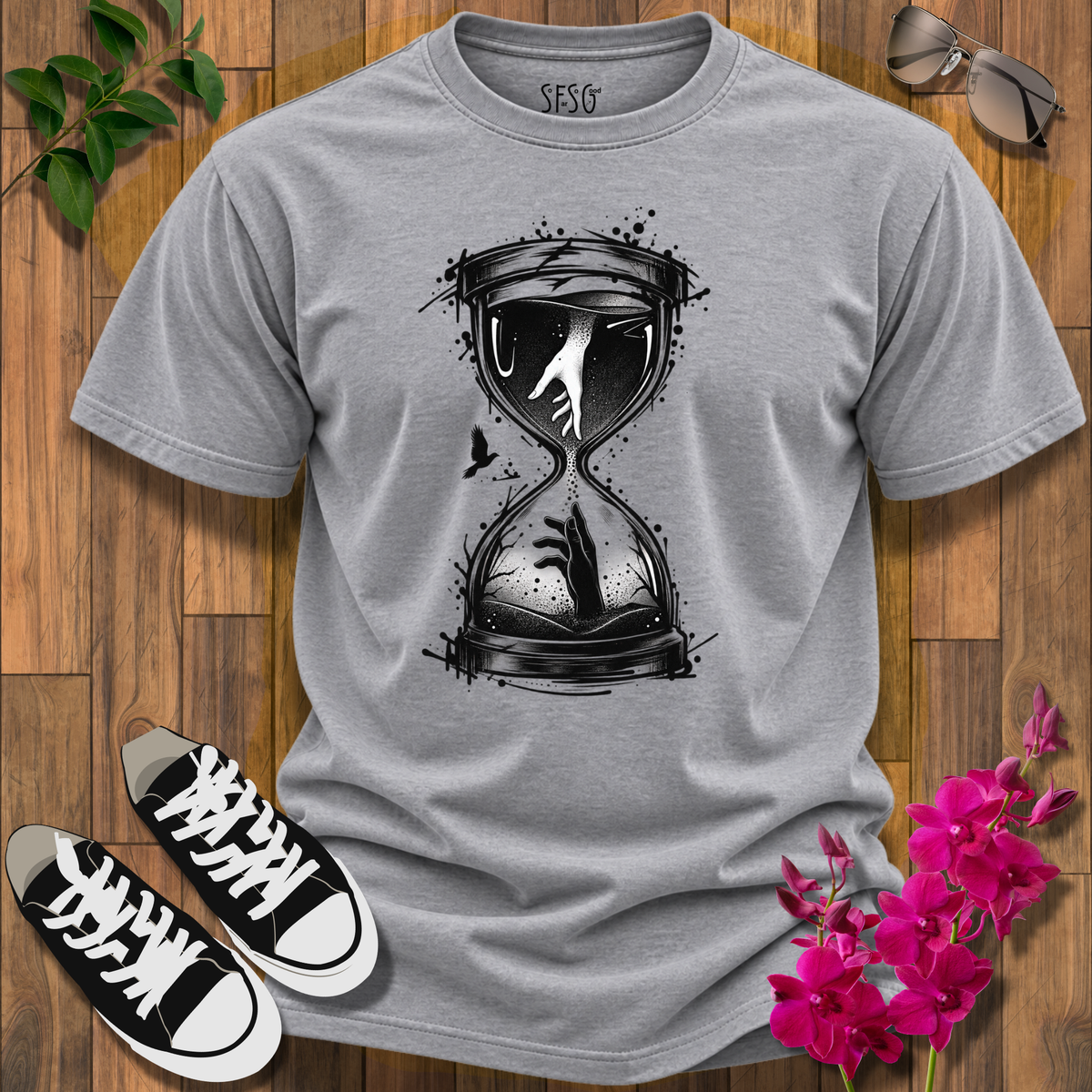 'Reaching For Time' T-Shirt — Vintage Gothic Timepiece Tee