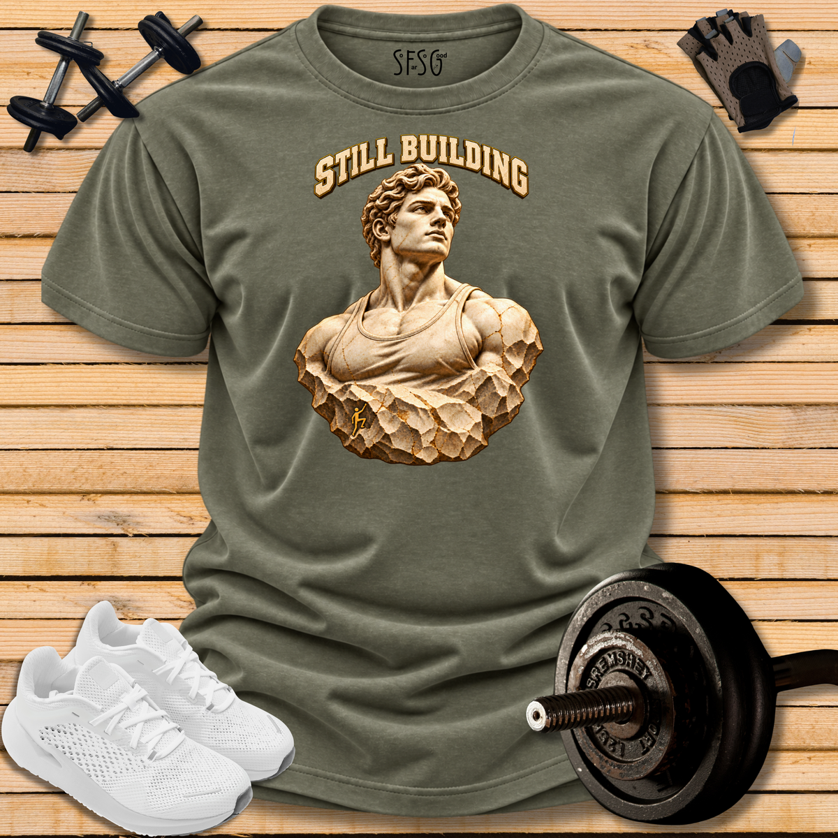 "Still Building" T‑Shirt — Statue  Motivational Gym Tee