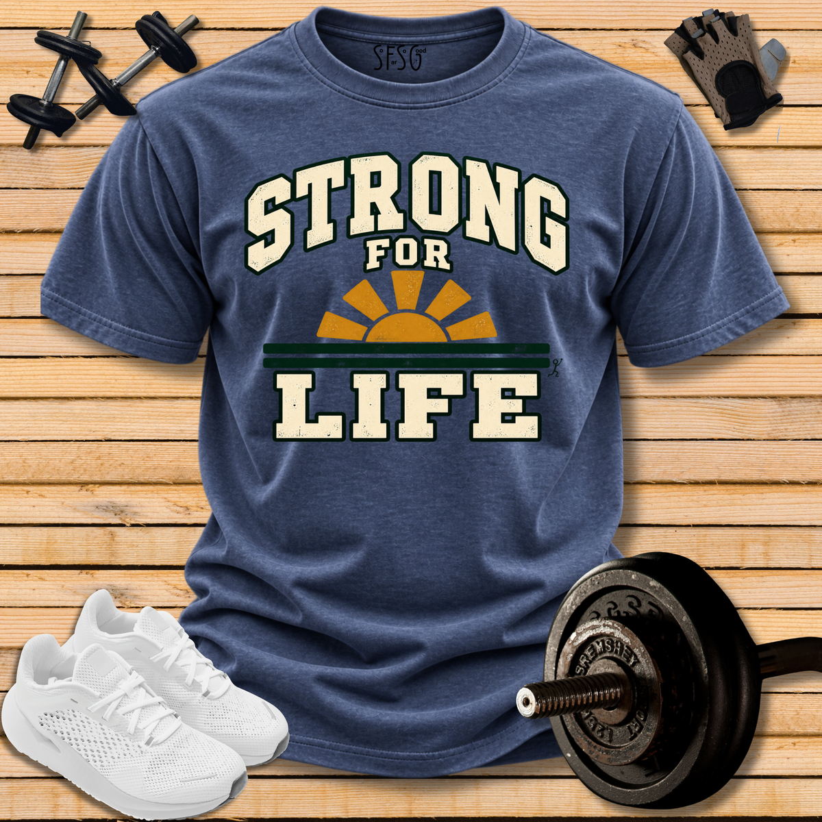 "Strong 4 Life" T-Shirt Retro Sunrise Fitness Tee