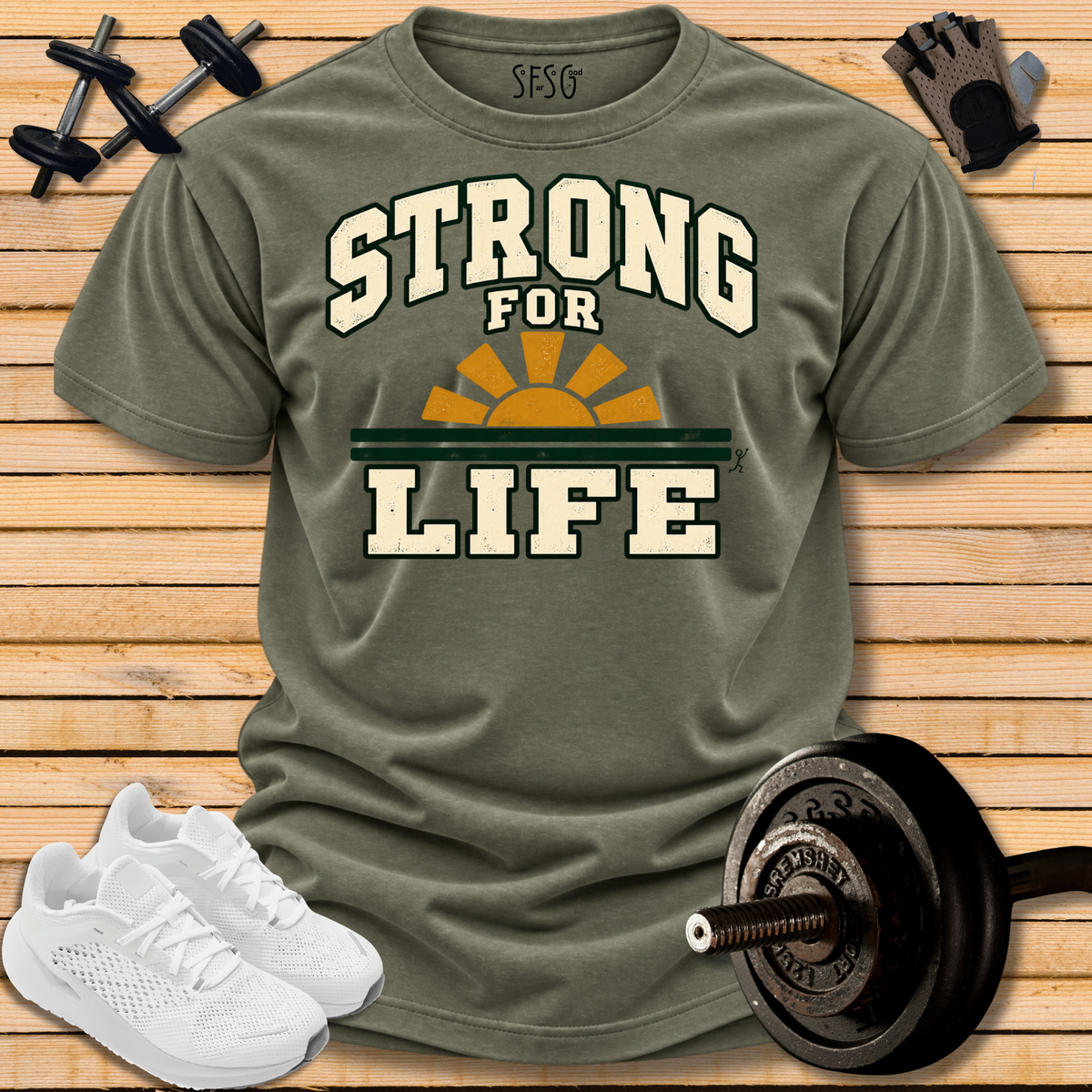 "Strong 4 Life" T-Shirt Retro Sunrise Fitness Tee