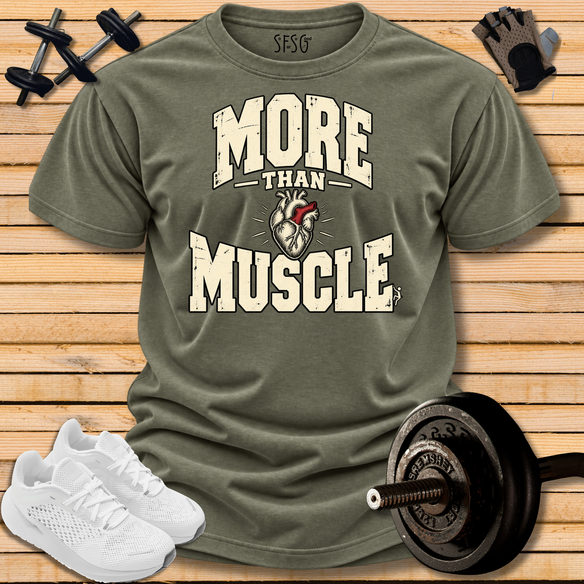 'More Than Muscle' T-Shirt — Motivational Fitness Tee with Heart Graphic