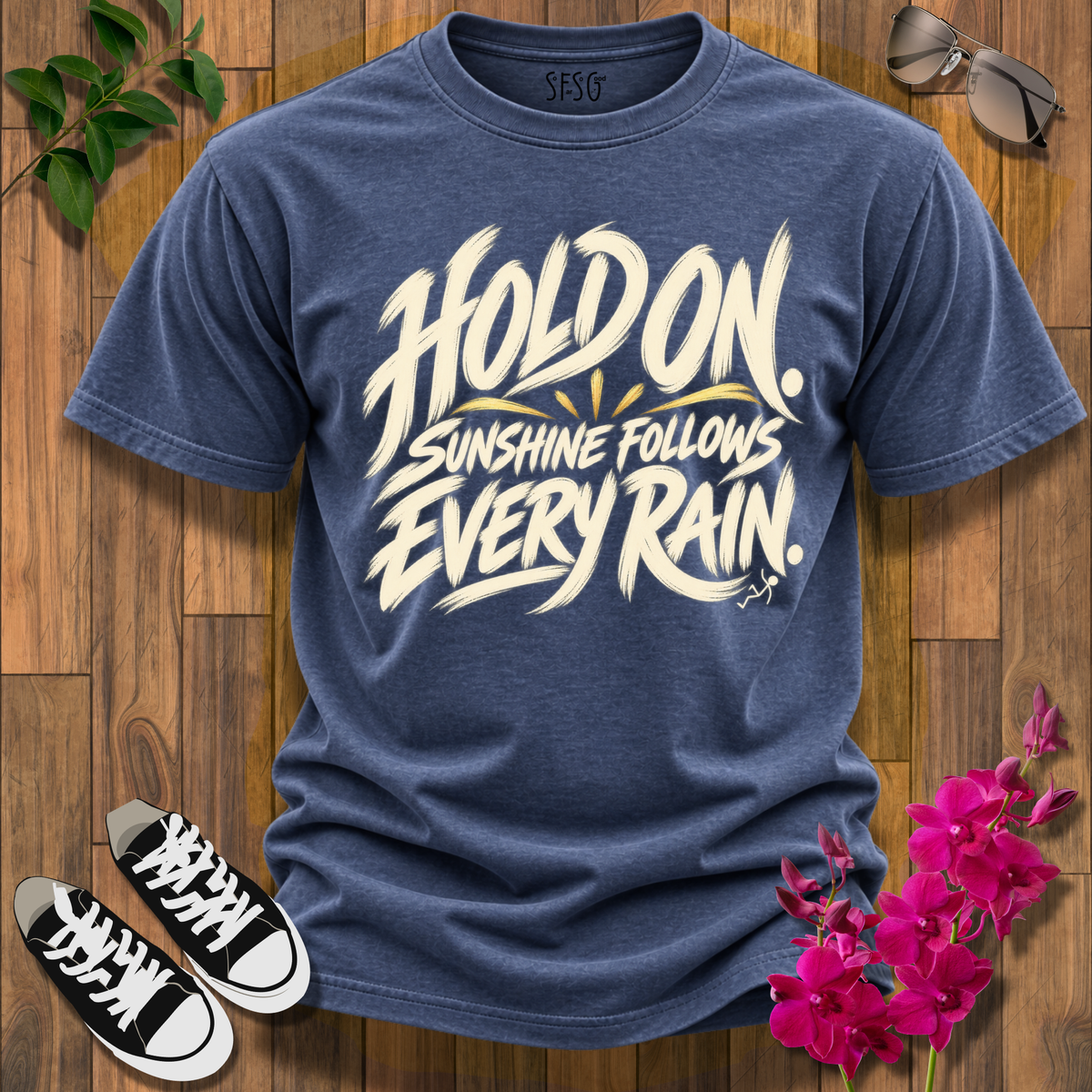 'Hold On'  T-Shirt — Sunshine Follows Every Rain Inspirational Graphic Tee