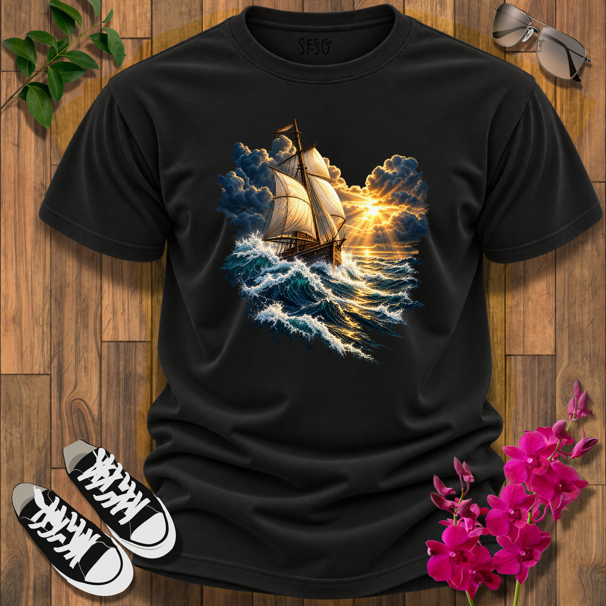 'Stay Your Course' T-Shirt — Vintage Ship on Stormy Seas Graphic Tee