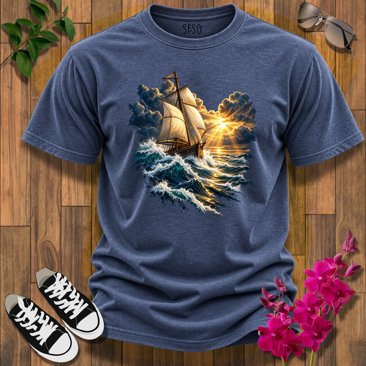 'Stay Your Course' T-Shirt — Vintage Ship on Stormy Seas Graphic Tee