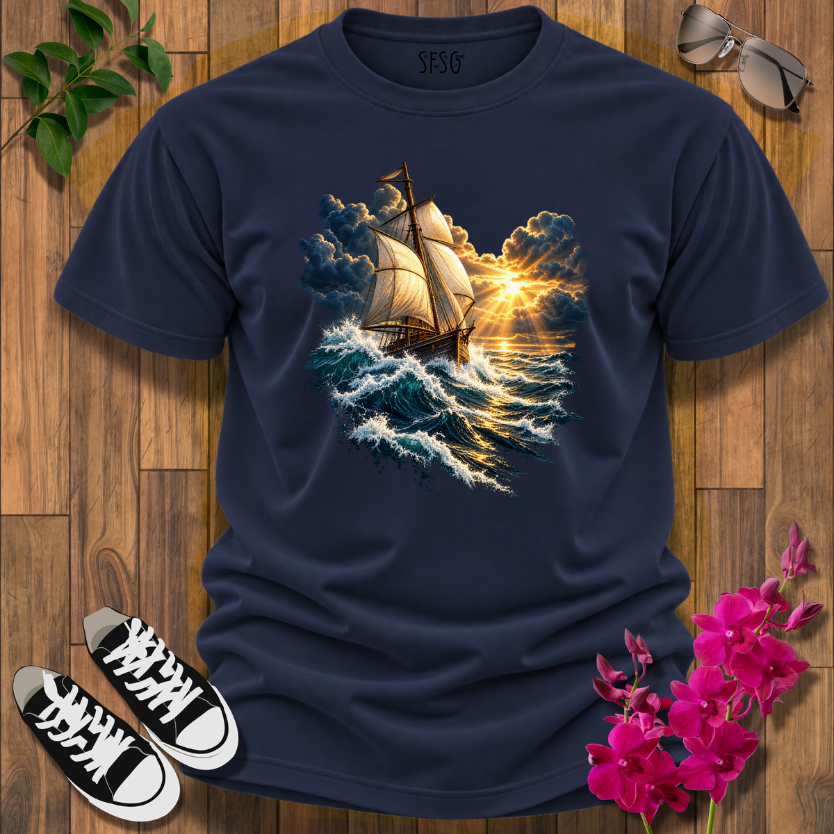'Stay Your Course' T-Shirt — Vintage Ship on Stormy Seas Graphic Tee