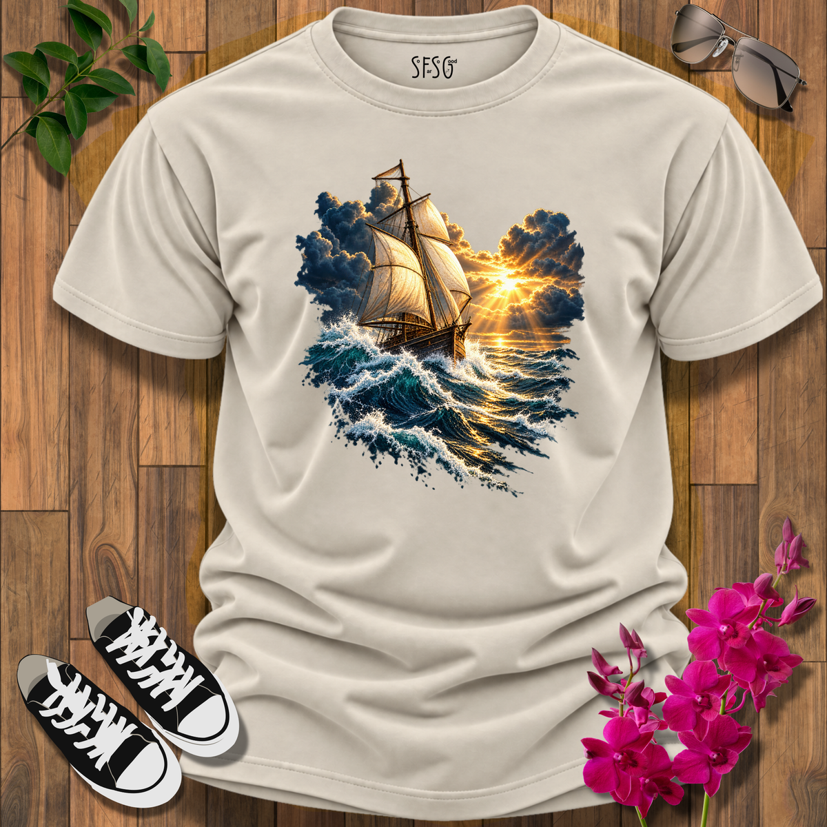 'Stay Your Course' T-Shirt — Vintage Ship on Stormy Seas Graphic Tee