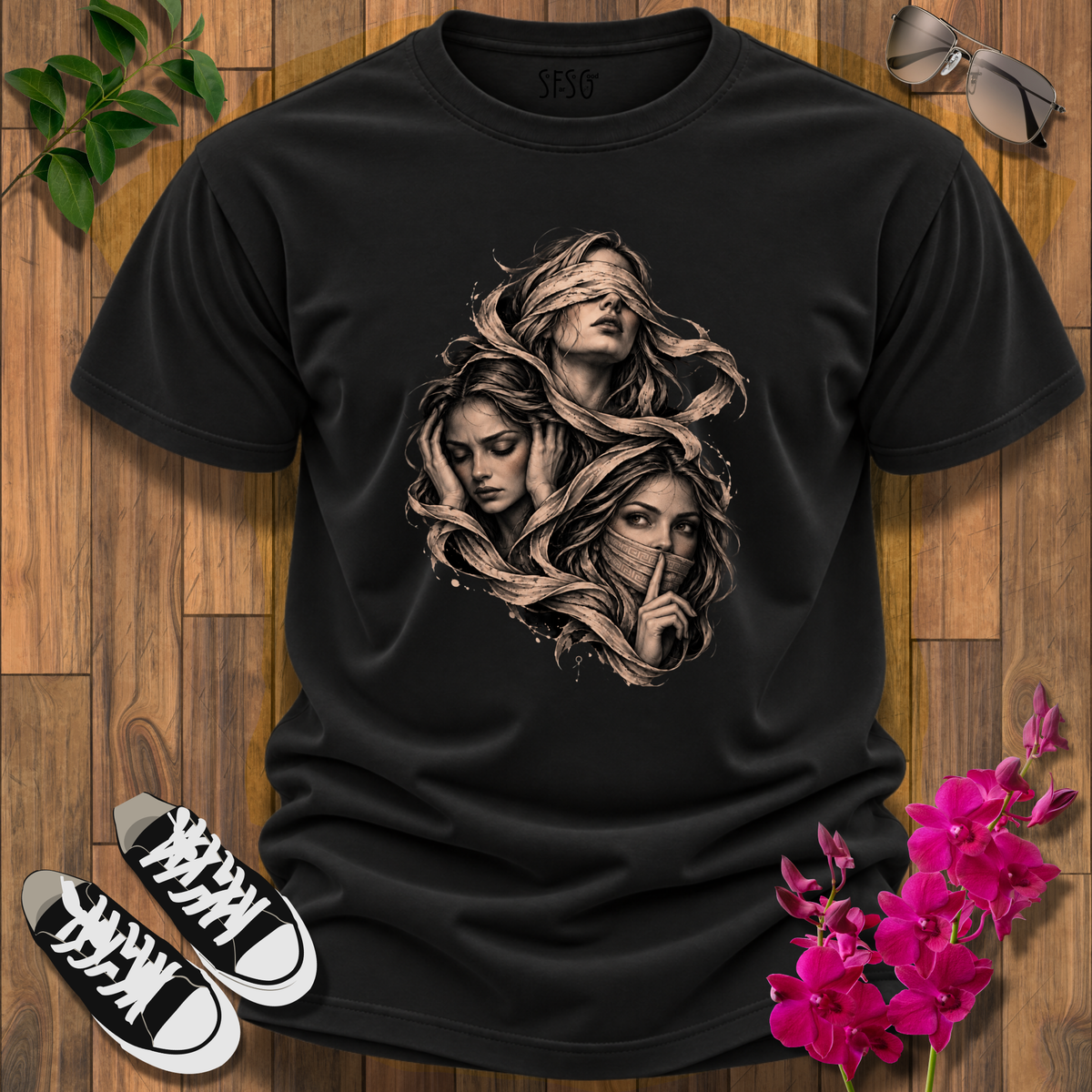 'See, Hear, Speak No Evil' T-Shirt – Women’s Portrait Art Design