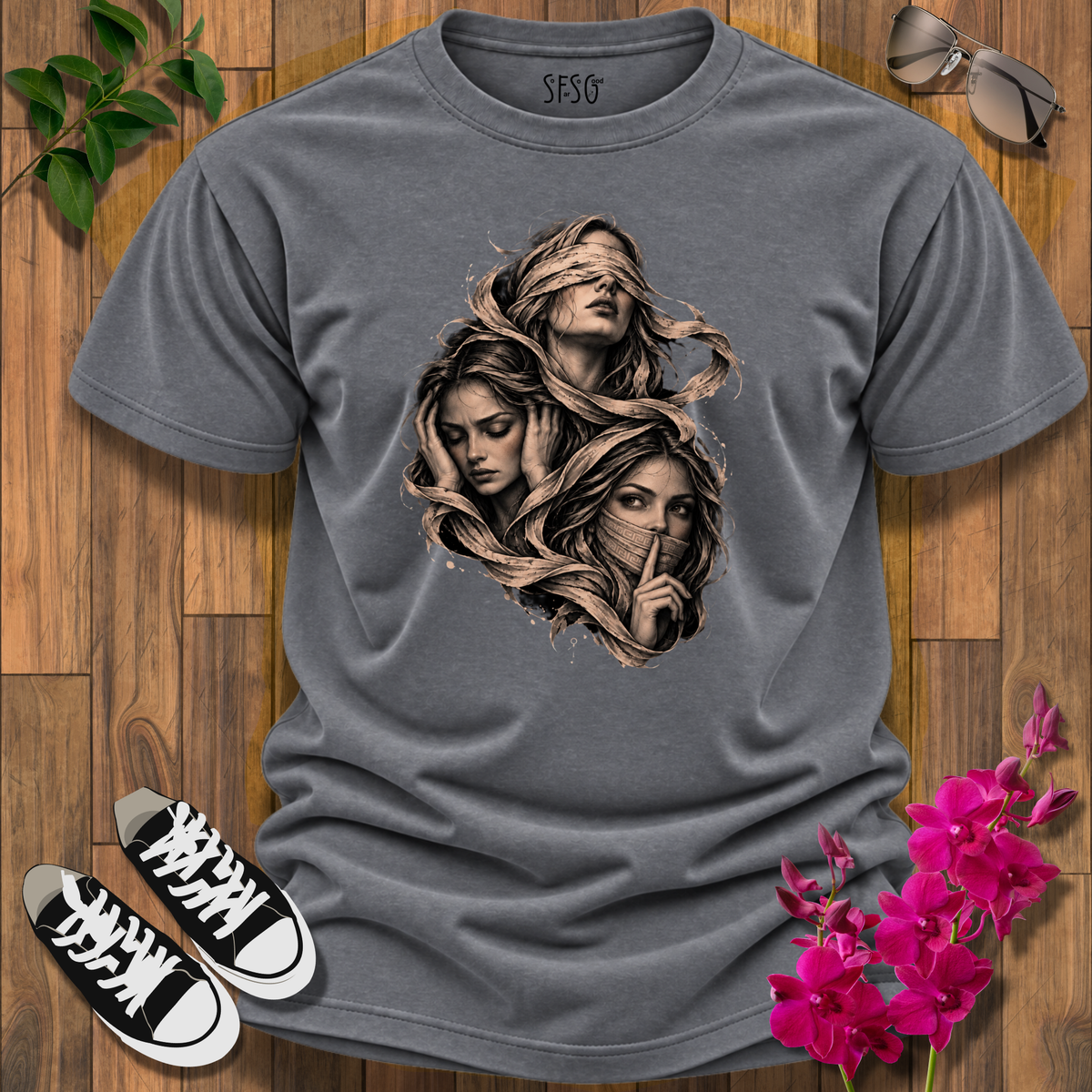 'See, Hear, Speak No Evil' T-Shirt – Women’s Portrait Art Design