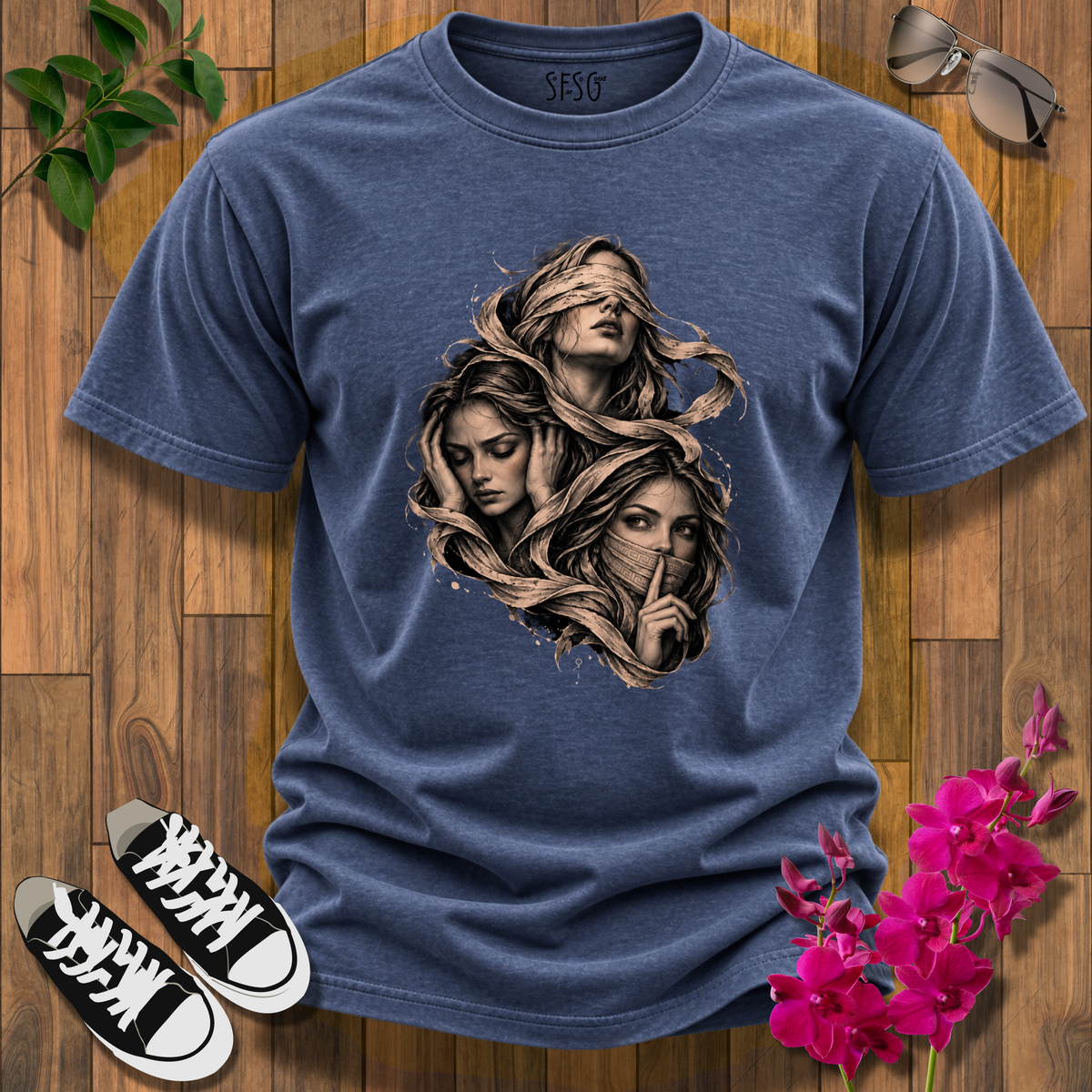 'See, Hear, Speak No Evil' T-Shirt – Women’s Portrait Art Design