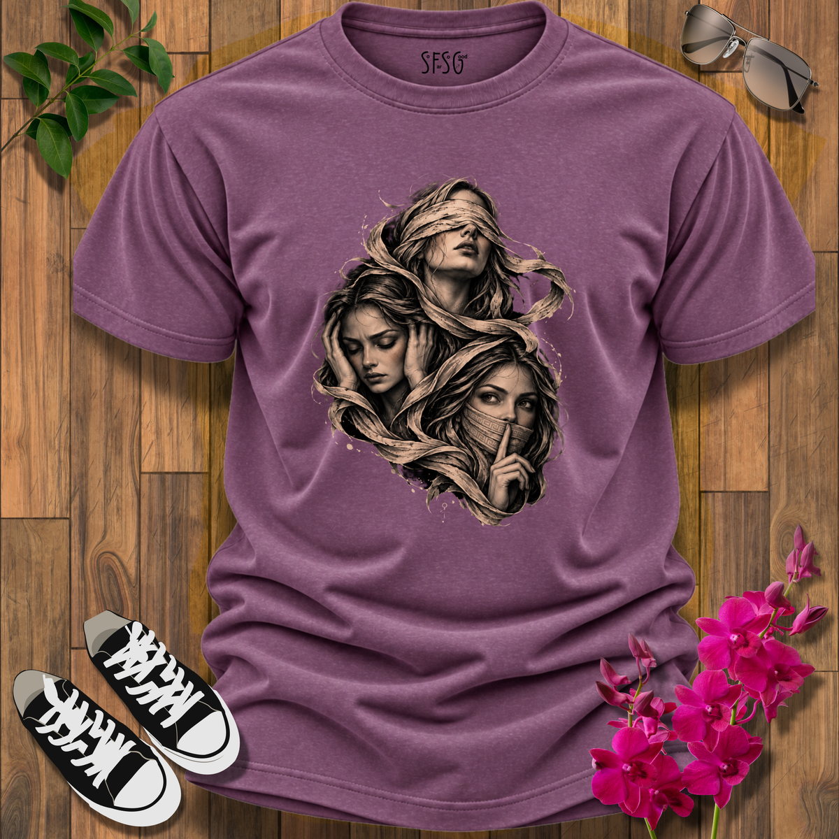 'See, Hear, Speak No Evil' T-Shirt – Women’s Portrait Art Design